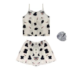 لباس خواب زنانه ساتن طرح گاوی همراه با کش مو