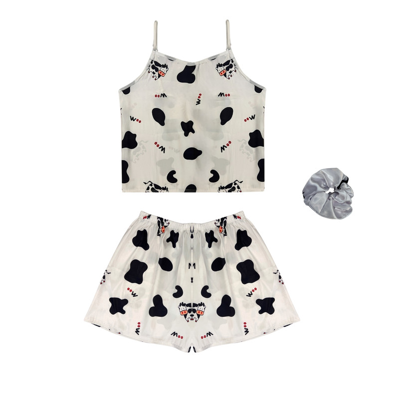 لباس خواب زنانه ساتن طرح گاوی همراه با کش مو