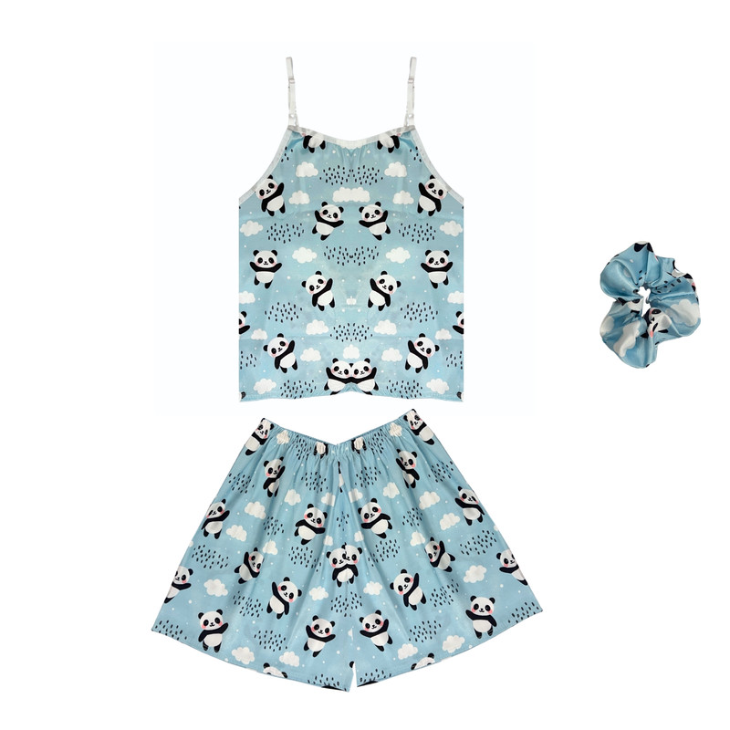 لباس خواب زنانه ساتن طرح پاندا و ابر همراه با کش مو