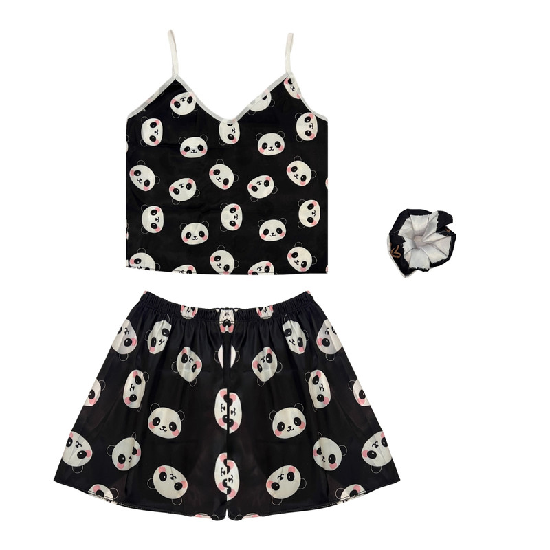 لباس خواب زنانه ساتن طرح پاندا همراه با کش مو