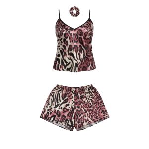 لباس خواب زنانه ساتن طرح پلنگی با کش مو