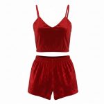 ست نیم تنه و شلوارک مخمل قرمز