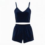 ست نیم تنه و شلوارک مخمل سرمه ای