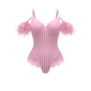 بادی فانتزی زنانه مدل پر دار راه راه صورتی 1044